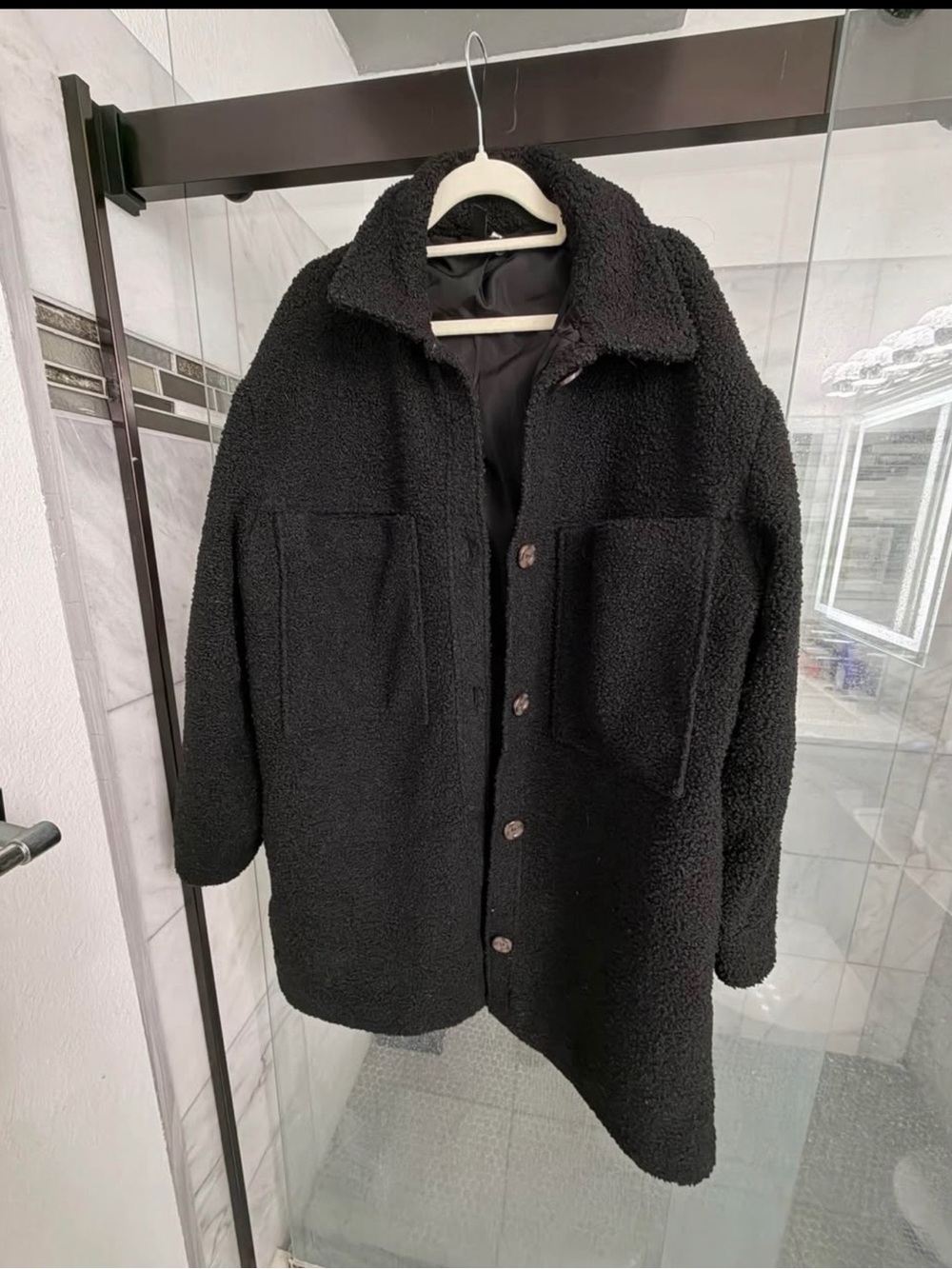Women’s Black Sherpa Button-Up Coat